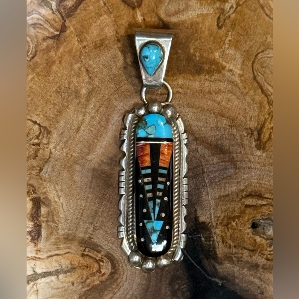 NWT Ray Jack Navajo Made Inlay Pendant Sterling Silver